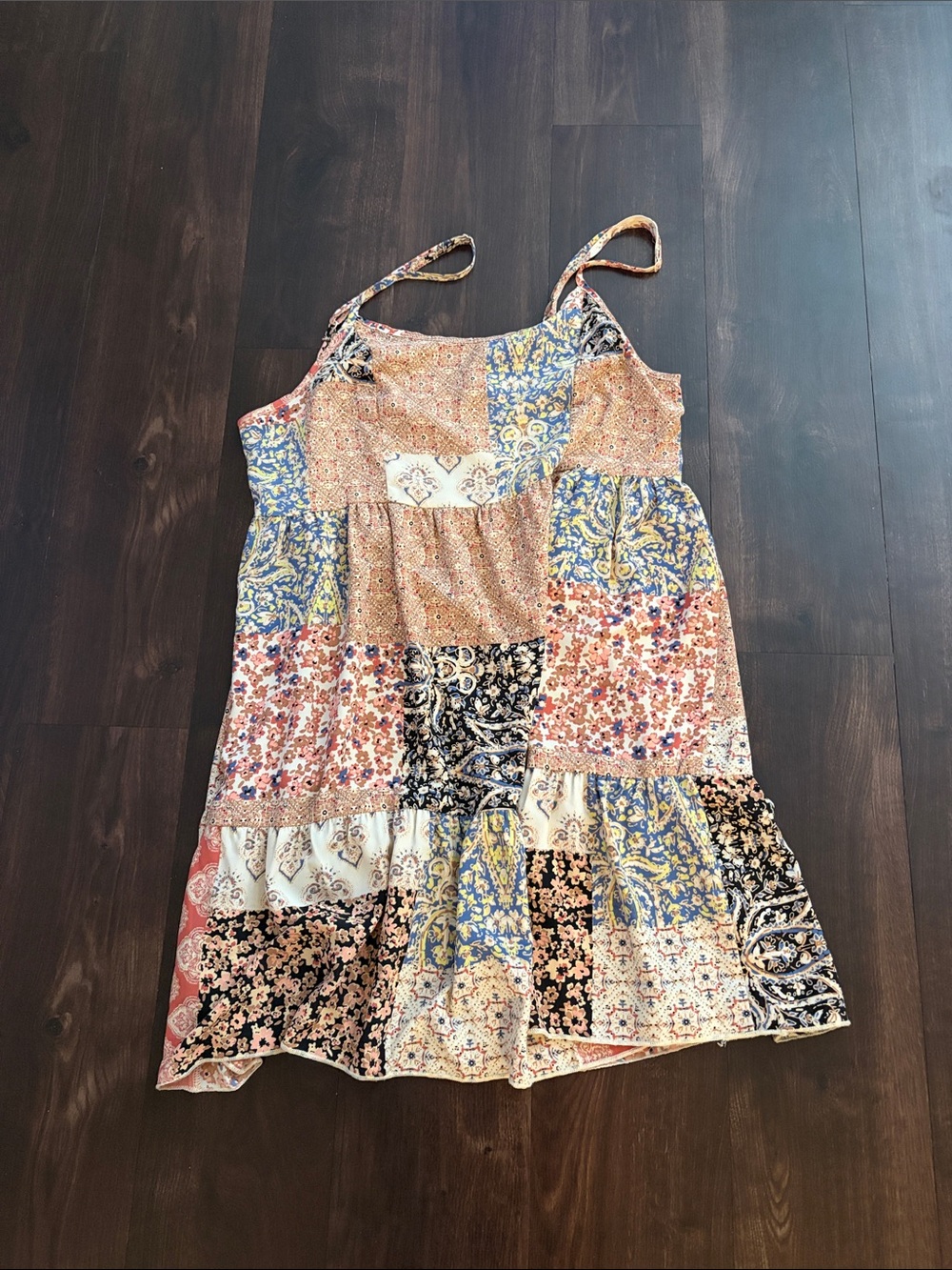 Altar'd State Patchwork Spaghetti-Strap Dress - Blue, Pink, Cream, Black